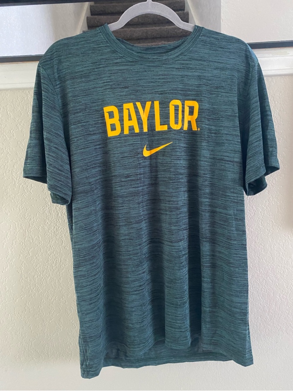 Nike Baylor Heathered Green Short Sleeve Tee with Yellow Logo Dri-Fit Men Large